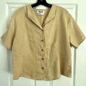 FLAX Soft Yellow linen short-sleeve button-up shirt M Medium